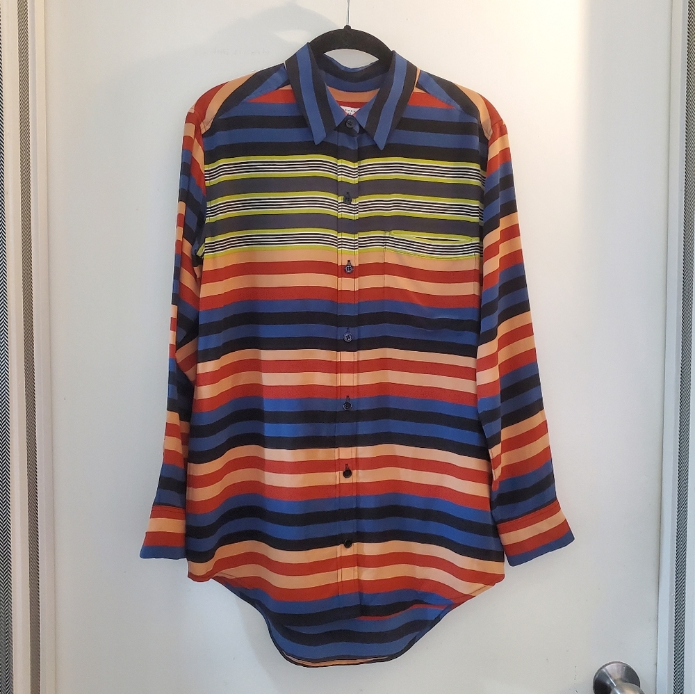 Equipment silk blouse w/blue, green, orange, tan stripes, oversize button up